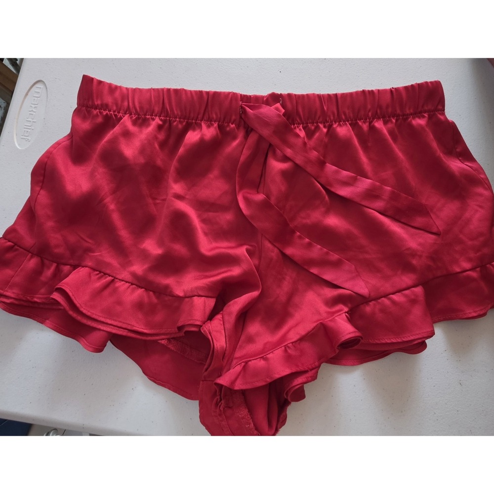 Victoria's Secret NWT M Red Satin Sleep Shorts Ruffle Pajama Lounge Romantic...